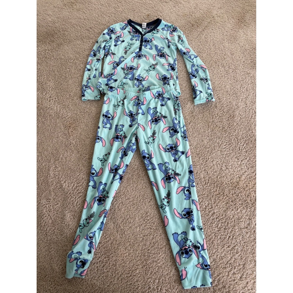 Disney Stitch Scrump Fleece Pajama Set Aqua Blue Henley Top Pants Womens S 4-6‎